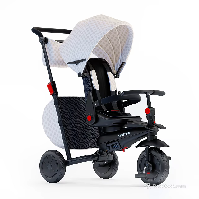 Kids Tricycle With Removable Canopy Black Seat And Red Buttons 3d model 