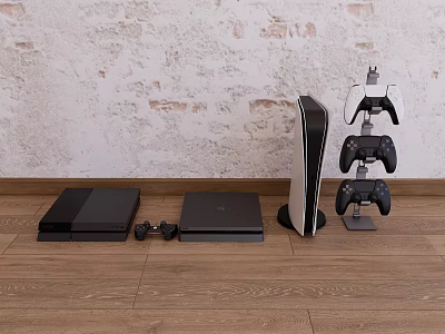 Sleek Entertainment Electronics Setup Featuring Multiple Game Consoles Gaming Controllers and Stand in Modern Room 3d model