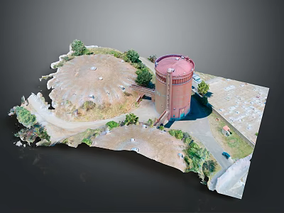 Scenic Landscape With Red Water Tower Surrounding Ground Vegetation And Curved Road 3d model