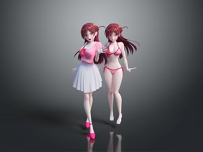 Two Anime Style Game Movie Characters With Long Red Hair And Pink Outfits 3d model