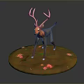 3D Deer Model With Large Antlers Standing On Circular Base With Pink Flowers