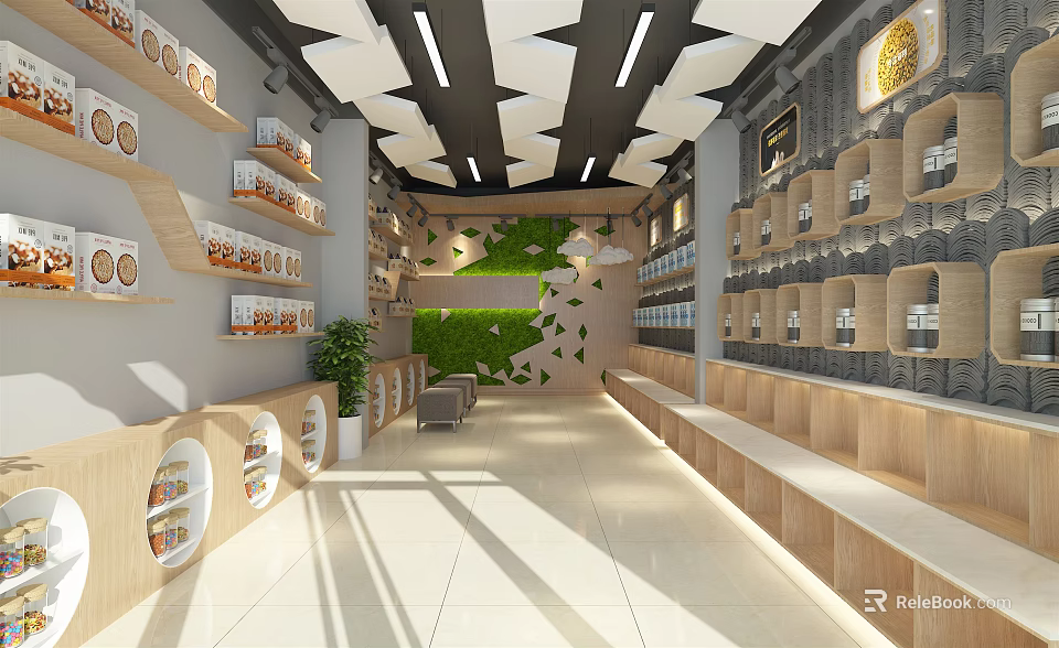 Shopping Mall Store Interior With Shelves Product Displays Green Plant Wall Wooden Elements And Lighting 3d model 