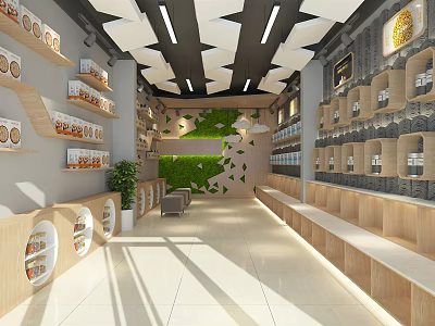 Shopping Mall Store Interior With Shelves Product Displays Green Plant Wall Wooden Elements And Lighting 3d model