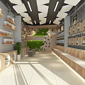 Shopping Mall Store Interior With Shelves Product Displays Green Plant Wall Wooden Elements And Lighting