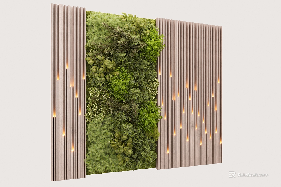 Modern Interior Living Plant Wall With Wooden Strips And Soft Lighting 3d model 