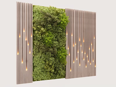 Modern Interior Living Plant Wall With Wooden Strips And Soft Lighting 3d model