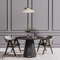 Modern Round Dining Table Set With Two Chairs Pendant Light And Wall Paneling 3d model