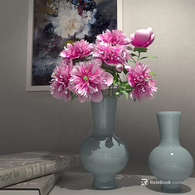 Two Light Blue Ceramic Vases With Pink Peonies For Home Decoration 3d model 