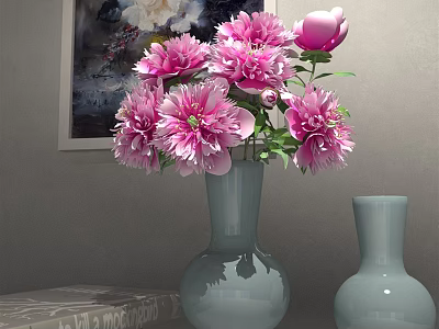 Two Light Blue Ceramic Vases With Pink Peonies For Home Decoration 3d model