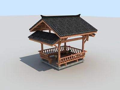 Traditional Chinese Wooden Pavilion With Black Tiled Roof And Railings 3d model