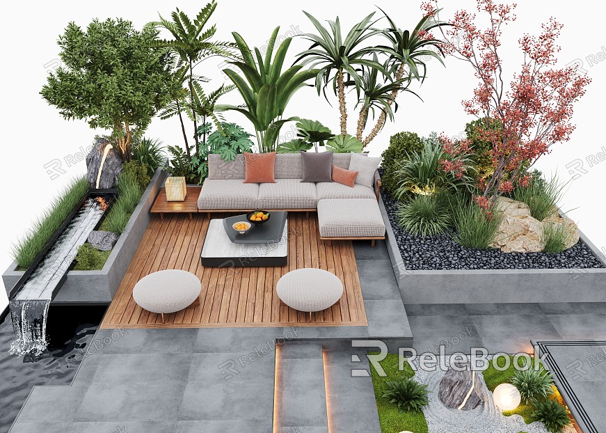 Courtyard Landscape Outdoor Sofa Flower Pool Landscape Plants Outdoor Lighting Waterscape model