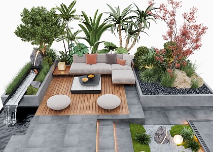 Courtyard Landscape Outdoor Sofa Flower Pool Landscape Plants Outdoor Lighting Waterscape 3d model