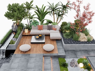 Courtyard Landscape Outdoor Sofa Flower Pool Landscape Plants Outdoor Lighting Waterscape 3d model