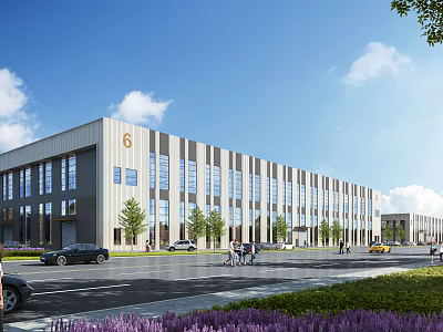 Modern Industrial Factory Building With Large Windows Surrounding Greenery And Parking Area 3d model