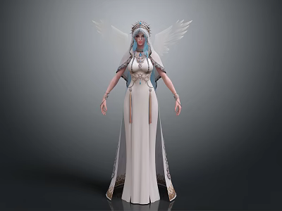 Angelic Character With Wings In White Robe And Blue Accents With Crown And Elegant Design 3d model