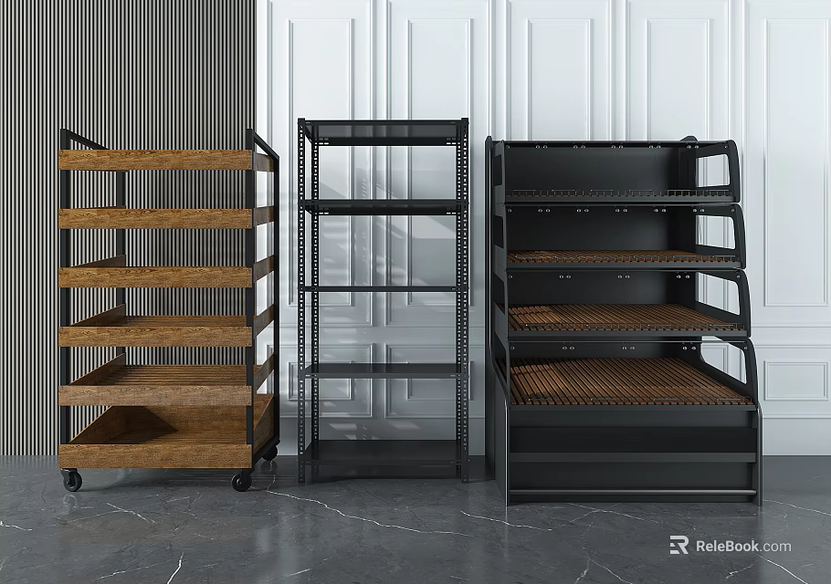 Modern Multi Tiered Display Shelves With Metal Frame Wooden Shelves And Wheels 3d model 