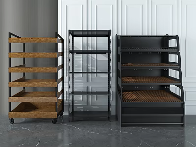 Modern Multi Tiered Display Shelves With Metal Frame Wooden Shelves And Wheels 3d model