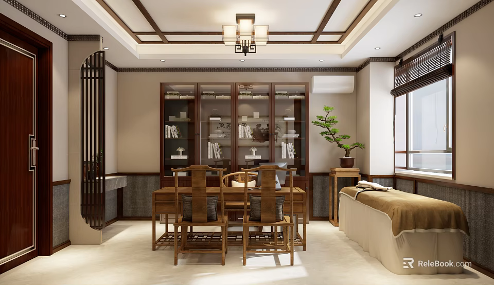 Chinese Traditional Interior Design Featuring Wooden Dining Table Chairs Display Cabinet Sofa And Chandelier 3d model 
