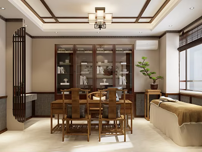 Chinese Traditional Interior Design Featuring Wooden Dining Table Chairs Display Cabinet Sofa And Chandelier 3d model