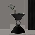 Modern Black Side Table with Circular Silver Base and Decorative Vase Green Plant Books