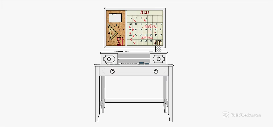 Practical Study Desk With Desktop Calendar Table Lamp And Storage Drawers 3d model 