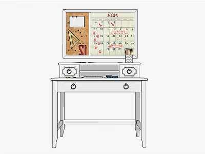 Practical Study Desk With Desktop Calendar Table Lamp And Storage Drawers 3d model