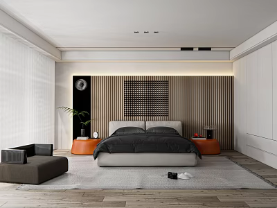 Modern Bedroom Interior Design With Wooden Striped Grid Headboard Orange Nightstands Chair Plant And Rug 3d model