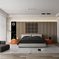 Modern Bedroom Interior Design With Wooden Striped Grid Headboard Orange Nightstands Chair Plant And Rug