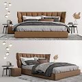 Comfortable Double Bed with Brown Upholstered Headboard Gray Bedding and Side Tables 3d model