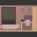 Cartoon Scene of Colorful Pink Yellow Room With Bed Desk Bookshelf And Sofa