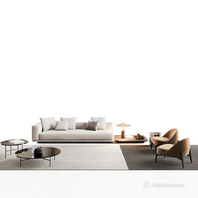 Modern Sofa Coffee Table Combination With Armchairs Side Lamp And Neutral Rug 3d model