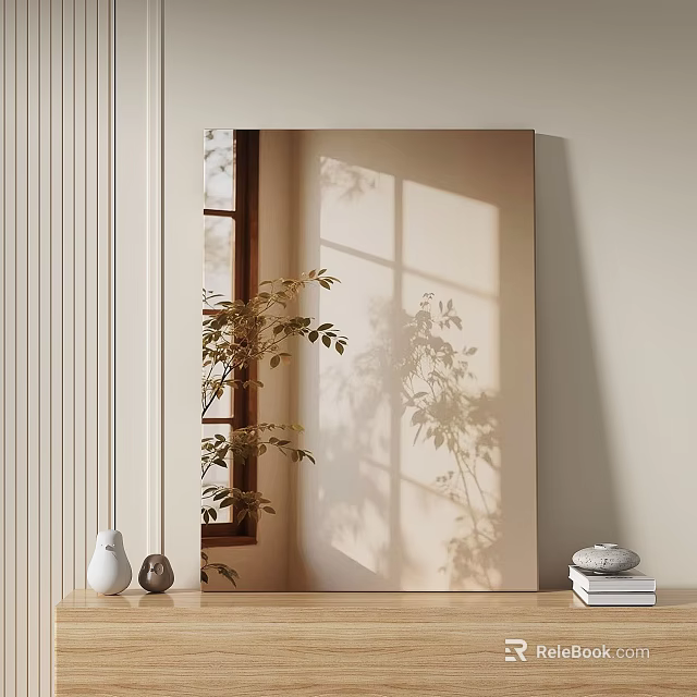 Stylish Mirror Wall Decor With Window Light Shadows Green Plant And Stacked Books 3d model 