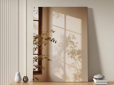Stylish Mirror Wall Decor With Window Light Shadows Green Plant And Stacked Books 3d model