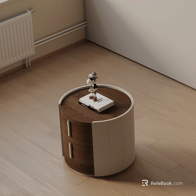 Modern Minimalist Round Wooden White Bedside Table With Drawers And Decorative Figurine Book 3d model 
