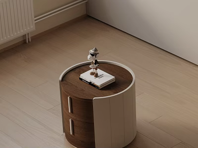Modern Minimalist Round Wooden White Bedside Table With Drawers And Decorative Figurine Book 3d model