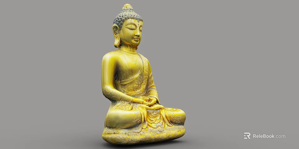 Golden Seated Buddha Sculpture With Intricate Robe Details And Ornate Base 3d model 