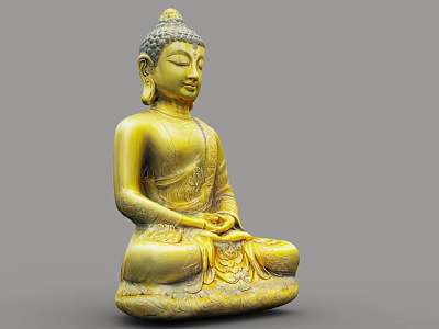 Golden Seated Buddha Sculpture With Intricate Robe Details And Ornate Base 3d model