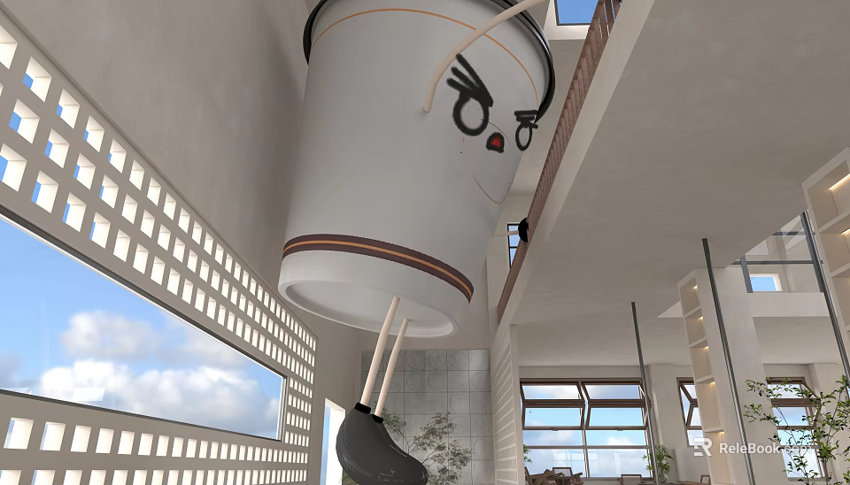 Modern Café Interior With Giant Coffee Cup Decor And Open Layout 3d model 