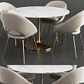 Elegant Modern Round Marble Dining Table Set With Light Gray Upholstered Chairs And Gold Legs