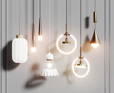 Modern Stylish Pendant Lights With Various Shapes And Gold White Glowing Design 3d model