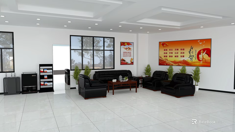Modern Reception Room Interior With Black Sofas Coffee Table Plants And Large Windows 3d model 