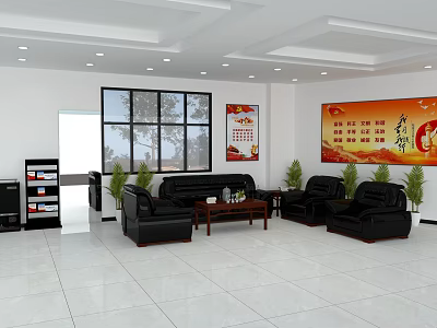 Modern Reception Room Interior With Black Sofas Coffee Table Plants And Large Windows 3d model