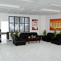 Modern Reception Room Interior With Black Sofas Coffee Table Plants And Large Windows