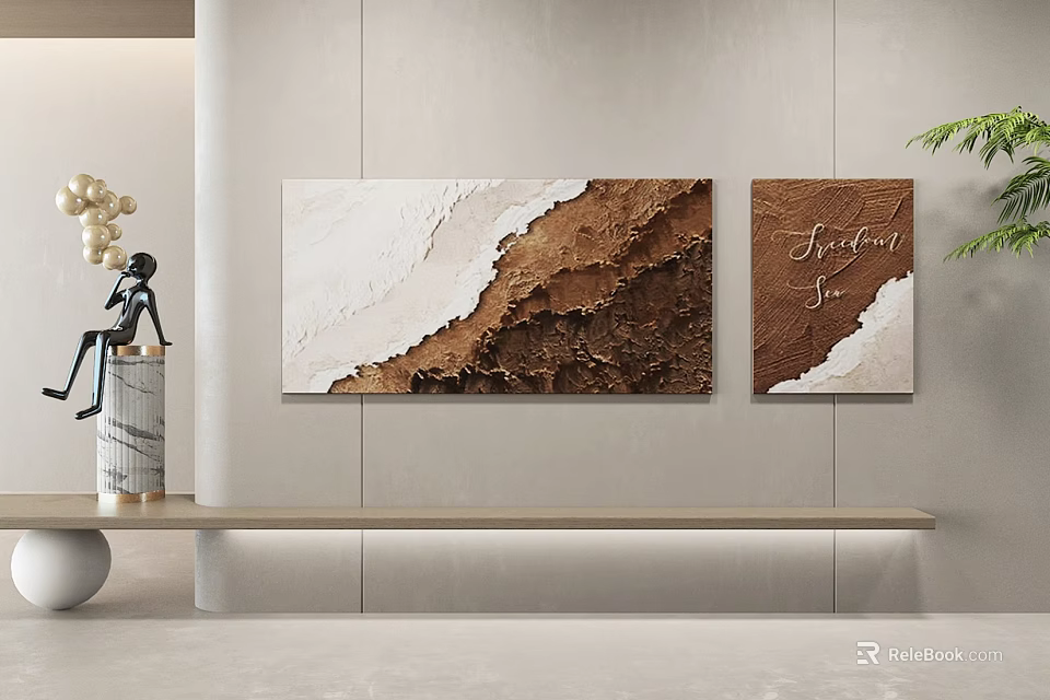 Modern Interior With Brown White Texture Wall Art Serenity Text Black Figurine And White Decor 3d model 