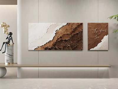 Modern Interior With Brown White Texture Wall Art Serenity Text Black Figurine And White Decor 3d model