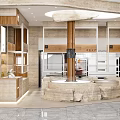 Modern Dessert Shop Interior With Cashier Counter Wooden Shelves And Rock Decor