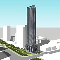 Modern High Rise Office Building With Low Rise Structures And Street Greenery