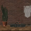 Cactus Potted Plant Against Red Brick Wall with Woven Hanging and Stone Bench Firewood