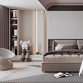 Modern Bedroom Interior With Large Bed Headboard White Accent Chair Glass Wardrobe And Area Rug