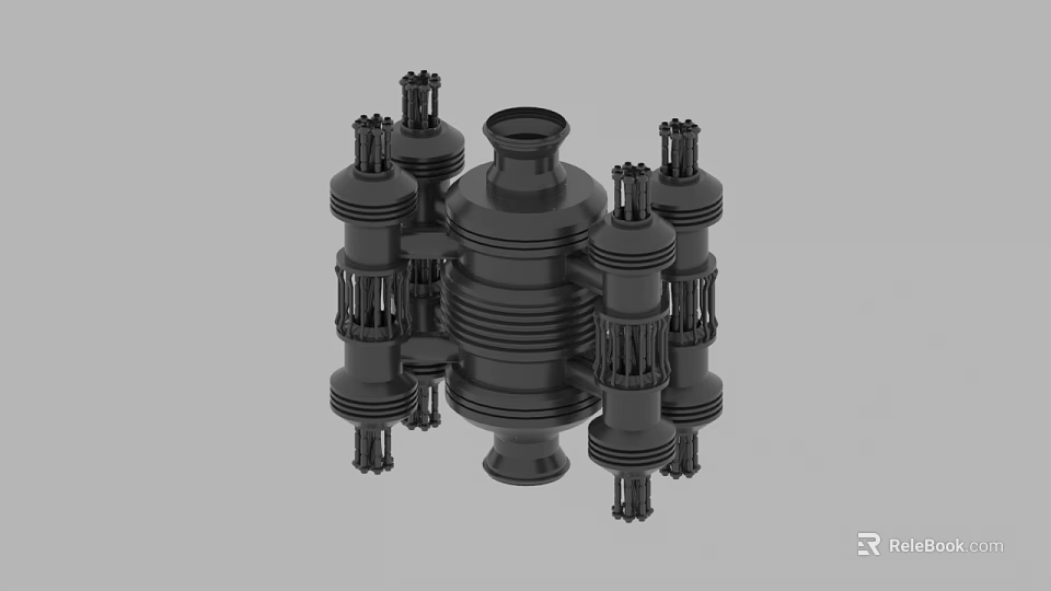 Detailed 3D Model of Mechanical Component With Central Body Cylindrical Structures and Ring Textures 3d model 